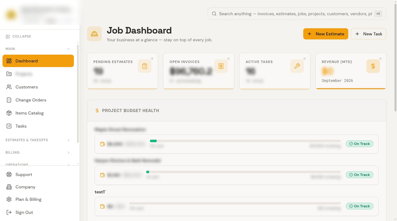 The IQ Builders job dashboard: pending estimates, open invoices, active tasks, and project budget health at a glance