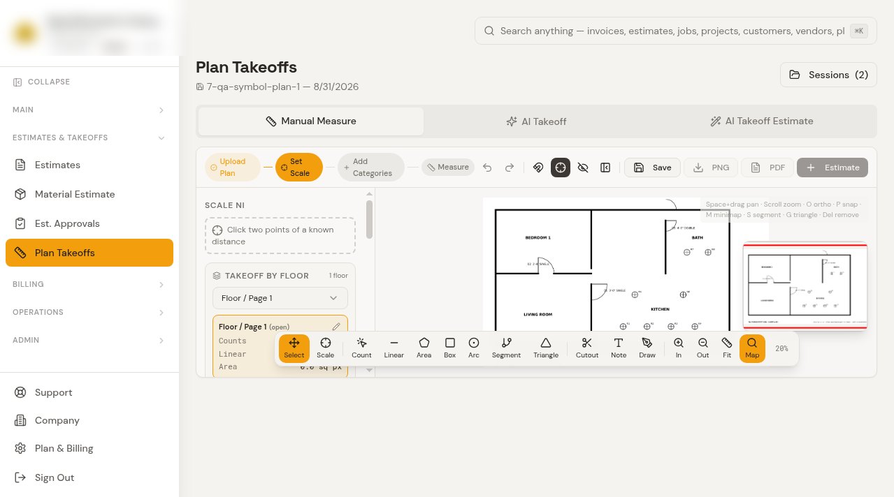 The IQ Builders plan takeoff screen: a floor plan with measurement tools for counts, linear, area, and scale