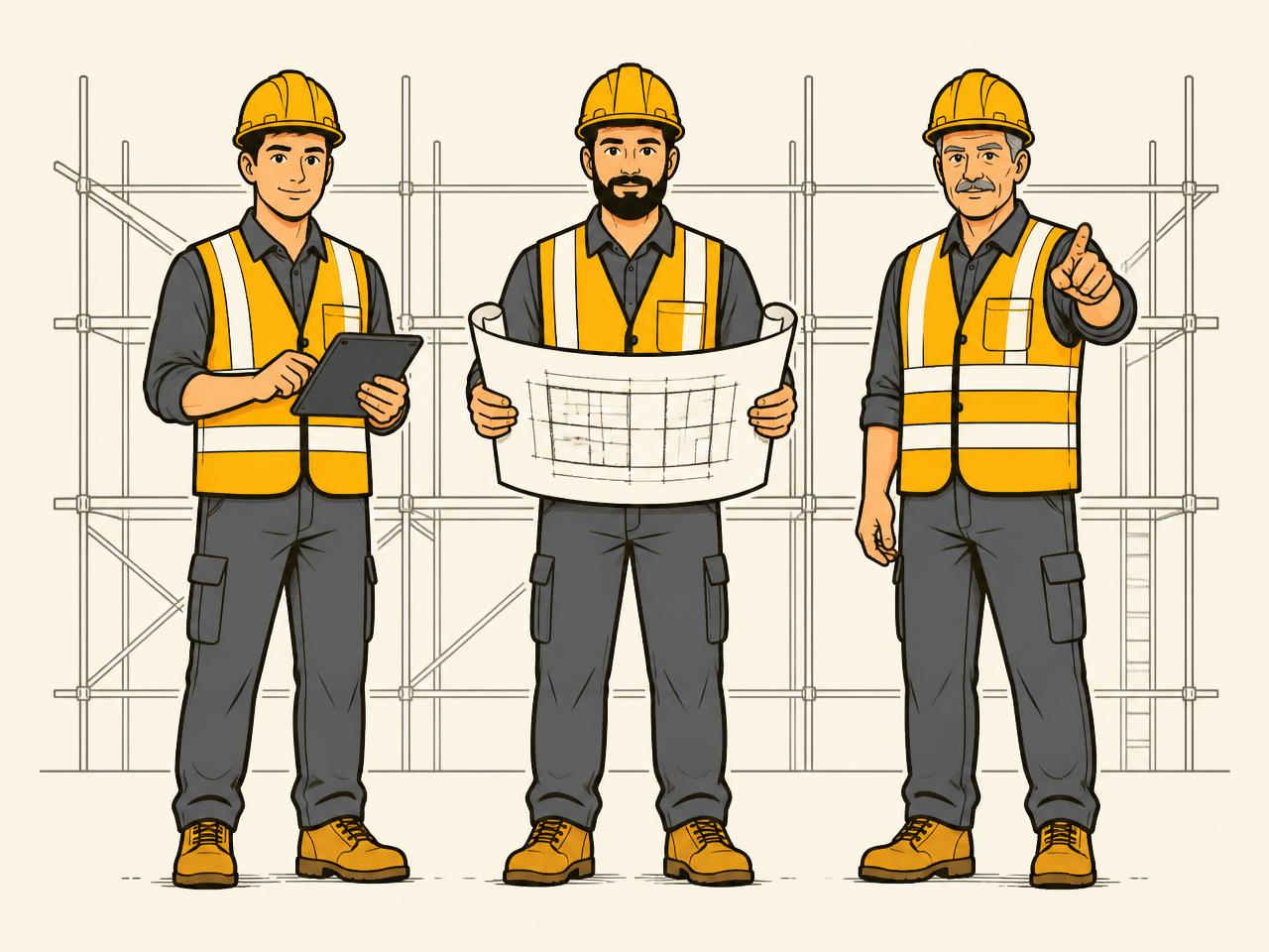 Illustration of a project manager, an estimator and a foreman talking together on a job site