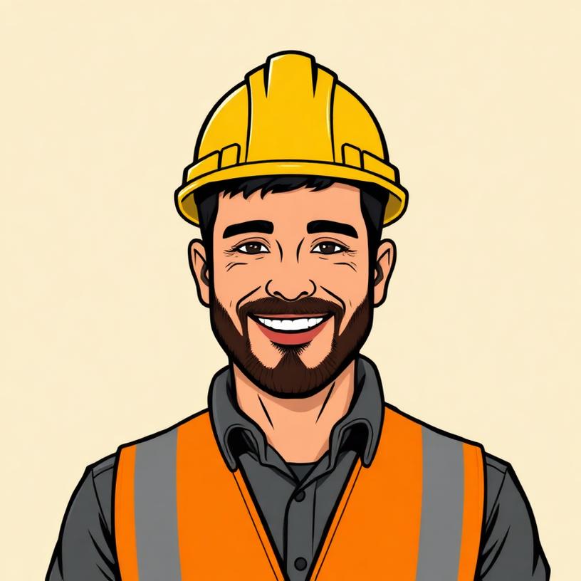 Illustrated portrait of a smiling contractor wearing a yellow hard hat
