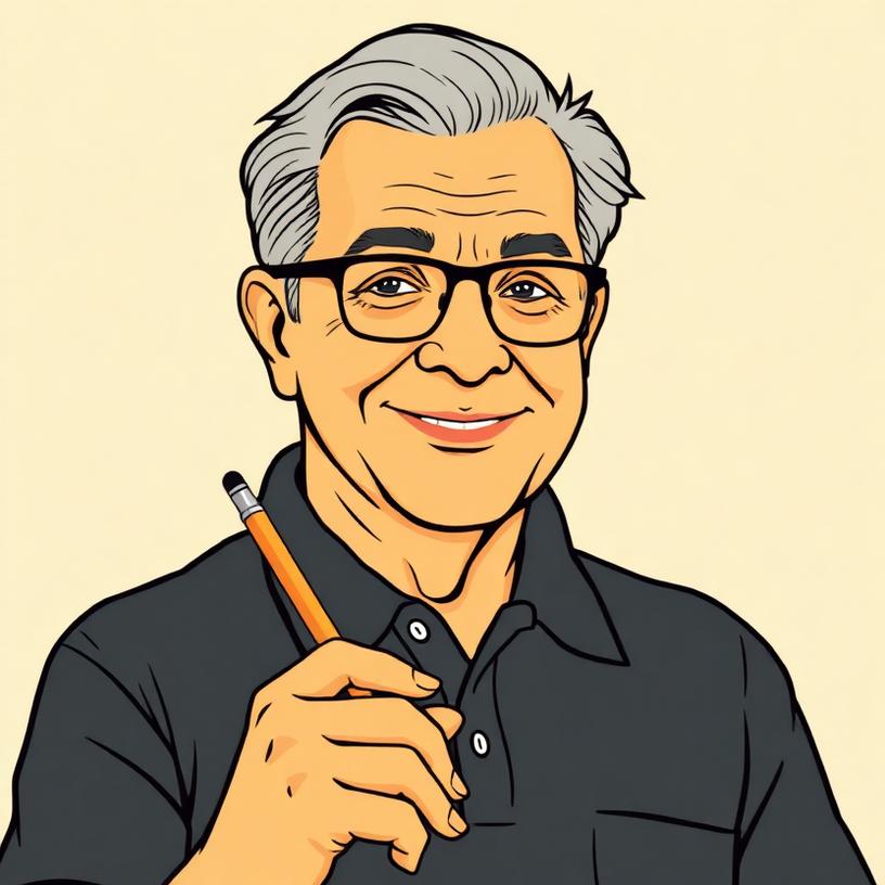 Illustrated portrait of a smiling bookkeeper with glasses and a ledger