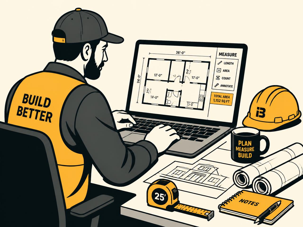 Illustration of a contractor measuring a floor plan on a laptop with a tape measure and rolled drawings on the desk